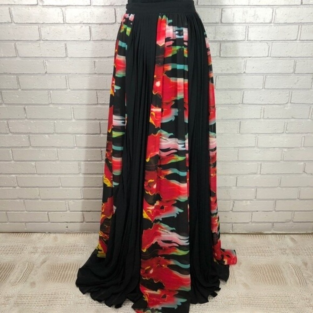 Just Cavalli Pleated Printed Georgette Maxi Skirt Black Multi Abstract NWT 6